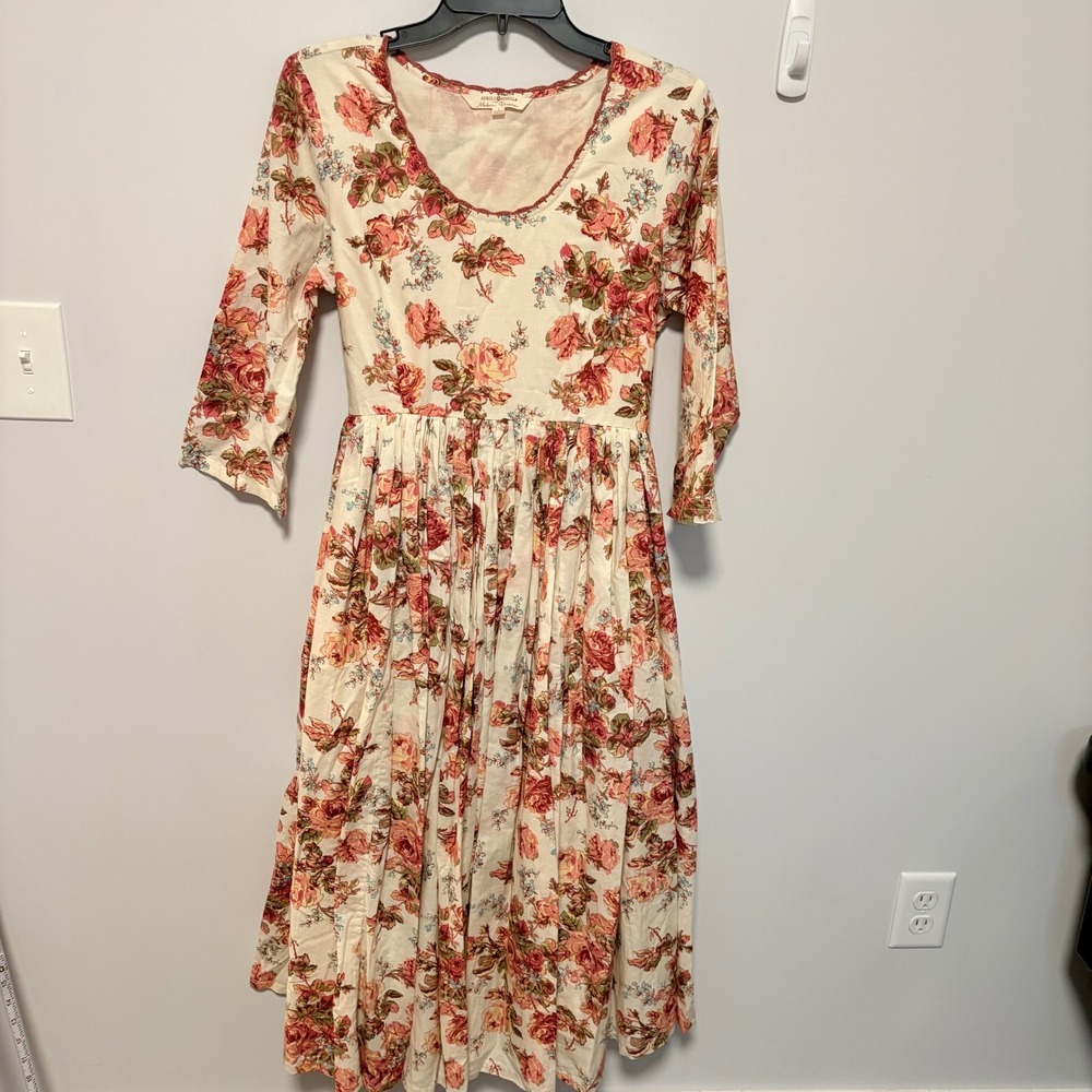 April Cornell Modern Prairie Floral Midi Dress Womens Cream Size S Rose Cotton